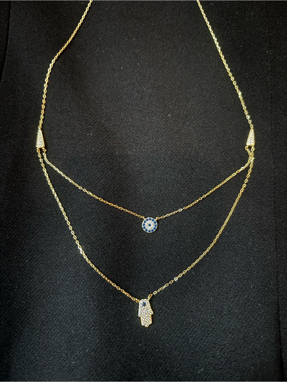 Gold Double Layer Necklace with Blue Crystal Charms